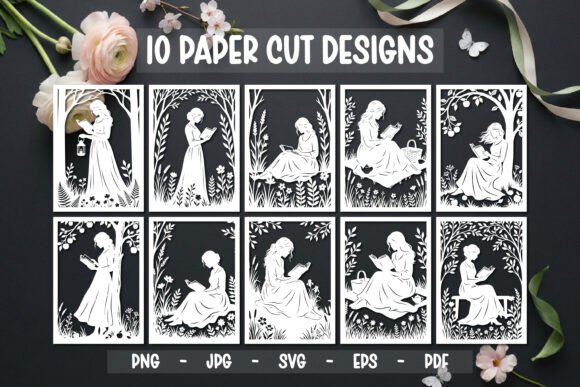 Download 10 Book Lover Girl Paper Cut SVG - Paper cut Collection